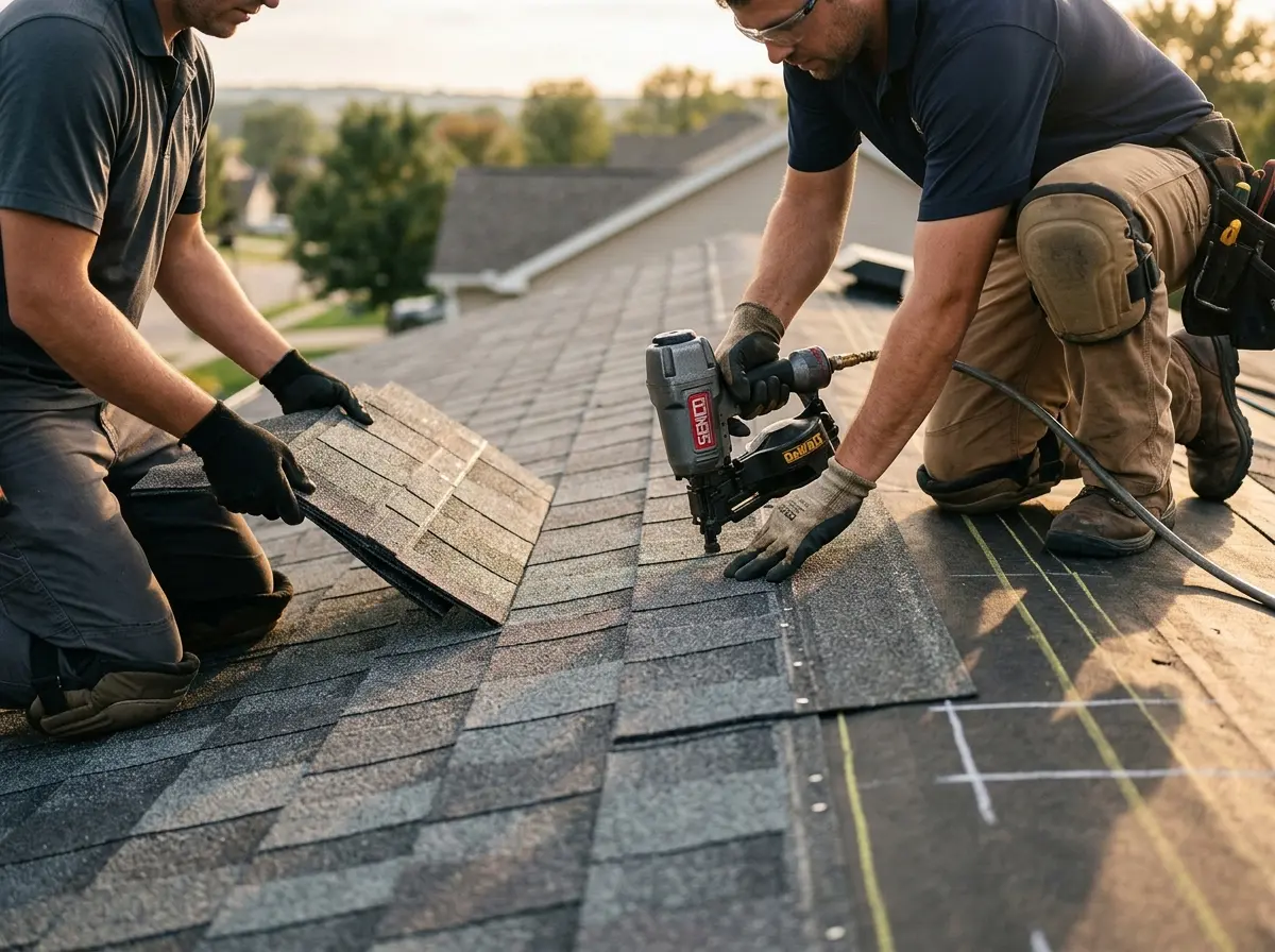 Professional roofer working on a residential roof in Lacombe